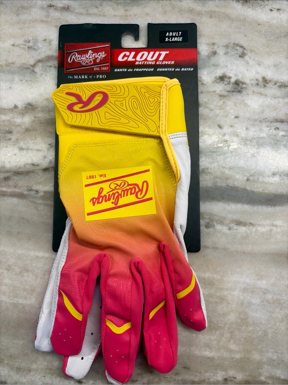 Rawlings Adult SZ X-Large Clout Baseball Batting Gloves | Pink/Yellow | New